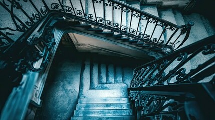 Fototapeta premium Winding staircase ornate metal railing architecture