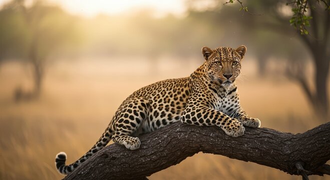 A leopard resting on tree branch, blurred savanna