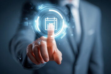 Businessperson using futuristic virtual calendar interface with glowing digital elements for advanced time management and scheduling in technology concept