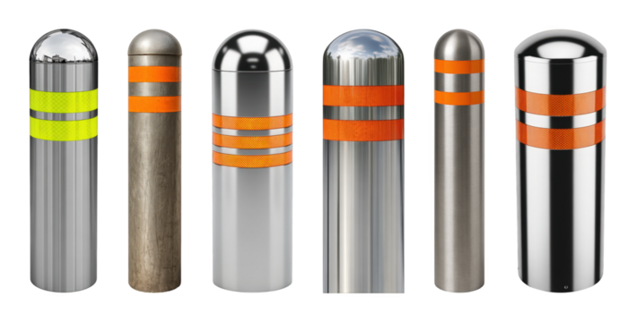 Metal bollard set including polished, brushed, and weathered finishes with orange and yellow reflective bands isolated. Urban security and traffic control elements. - Powered by Adobe