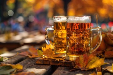 Two traditional Oktoberfest beer steins filled with golden ale on a rustic wooden table with scattered colorful autumn leaves, perfect for a festive fall folk holiday celebration