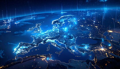 European map, glowing city lights, digital network