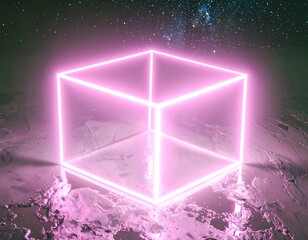 Neon pink cube in a starry space