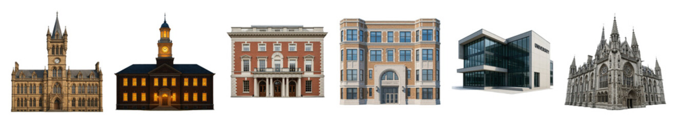 Obraz premium University and historic building set including gothic, classic, brick, and modern structures isolated. Architectural and city planning collection.