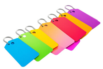 Vibrant collection of colorful price tags or labels isolated on transparent background