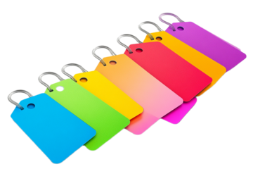 Vibrant collection of colorful price tags or labels isolated on transparent background