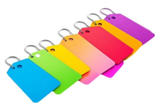 Vibrant collection of colorful price tags or labels isolated on transparent background