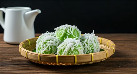 Delicious green klepon dessert with shredded coconut on a woven bamboo plate with a white pitcher on a wooden table