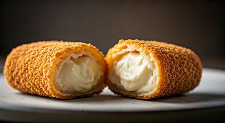 Two halves of a crispy fried cream puff on a plate