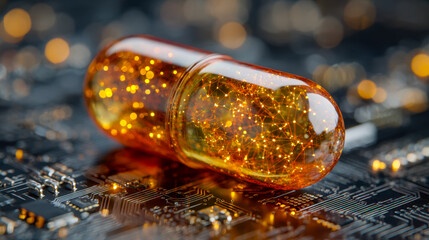 Futuristic capsule with glowing network connections resting on a technological circuit board