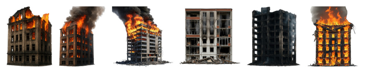 Burning building set including destroyed, collapsed, charred, and smoke-damaged structures isolated. War, disaster, and emergency themes.