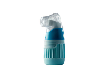 Modern blue nebulizer medical device, detailed side view, isolated on transparent background