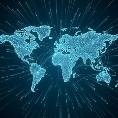 World map with glowing connections, representing global network and data flow