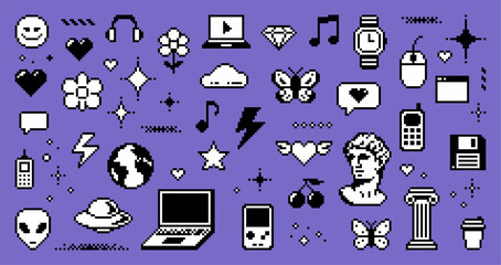 Pixel art y2k vector icons pattern. Retro 90s and 2000s symbols with smile, heart, alien, laptop for social media, app, user interface, web.