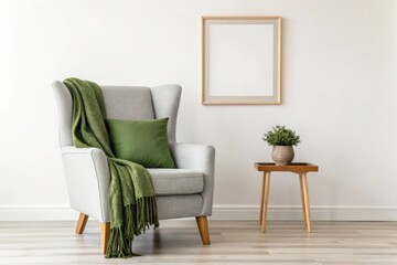 Cozy living room corner with armchair throw blanket and plant decor