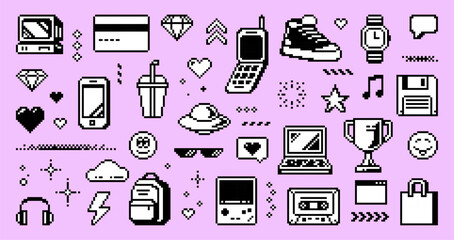 Collection of pixel art y2k vintage technology and pop culture icons on pink background. Retro 90s and 2000s nostalgic elements for game asset or web design.