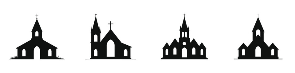 Fototapeta premium Spooky Gothic Church Silhouettes Set – Halloween Haunted Church Vector Illustrations for Scary Holiday Decor, Posters, Invitations, and Crafts