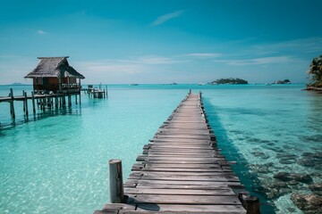 Obraz premium Wooden pier leading to clear blue sea with tropical huts and islands