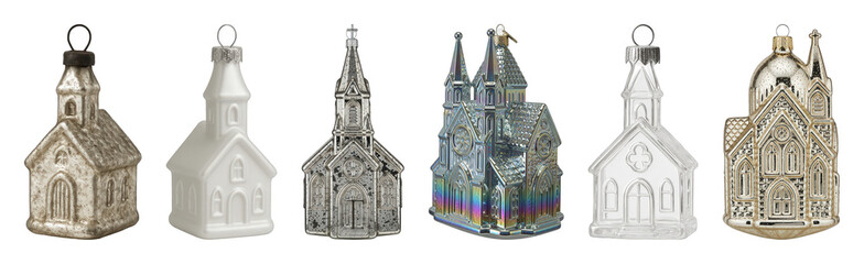 Fototapeta premium Church ornament set including distressed silver, white, iridescent, clear, and gold metallic styles isolated. Festive holiday and religious decoration.