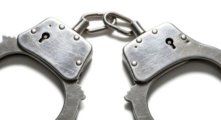 Obraz premium Close-up of Steel Handcuffs Locked Together on White Background for Crime Justice Legal Concept Illustrations