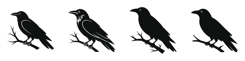 Halloween Raven on Branch Vector Set – Spooky Black Crow Silhouettes for Horror Designs, Gothic Elements, Haunted House Art, Party Invitations, Posters, Stickers, and Dark Seasonal Décor