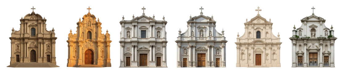 Obraz premium Historic church facade set including various Baroque and Renaissance architectural styles isolated. European building collection.