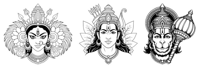 Hindu Deity Faces Shiva Hanuman and Durga Line Art Vector