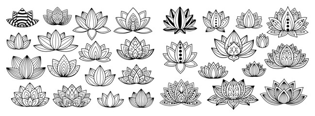 Lotus Flower Icons Set Black and White Vector