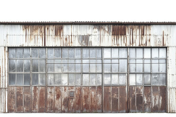 Distressed industrial metal facade with windows background image on transparent background