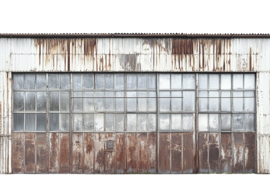 Distressed industrial metal facade with windows background image on transparent background