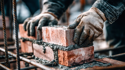 Masonry worker laying bricks with mortar during construction process