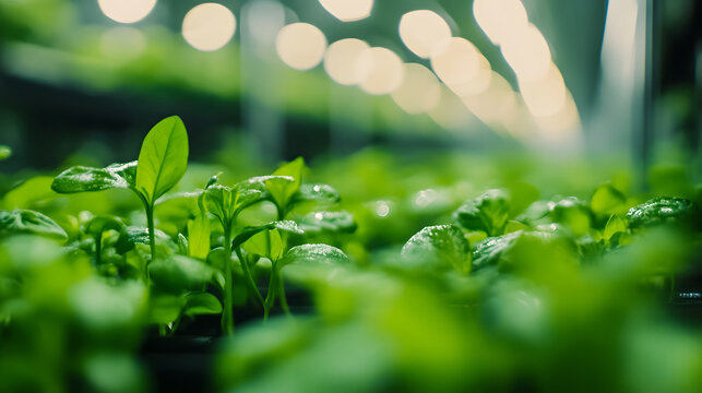 Seedlings growing in a hydroponic farm. Indoor vertical farming and agriculture.