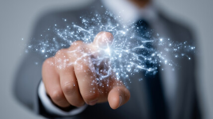 Close-up of businessmanâs hand touching floating AI digital hologram, isolated white background, corporate presentation copy space. business technology, AI innovation, corporate ma