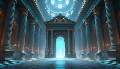 The contrast between historical architecture and futuristic digital elements creates a striking visual metaphor for progress and innovation, symbolizing technology’s impact on tradition