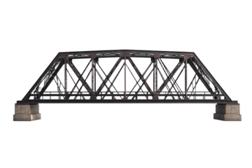 Weathered brown steel truss railway bridge isolated on transparent background
