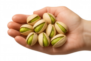 Cracked pistachio nuts revealing green kernels, resting on pale palm with clean white backdrop