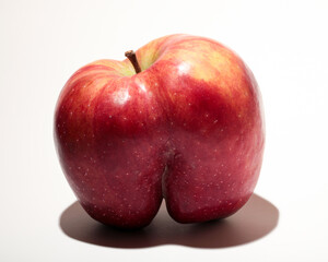 An ugly red apple. A fruit with a shape flaw on a white background.