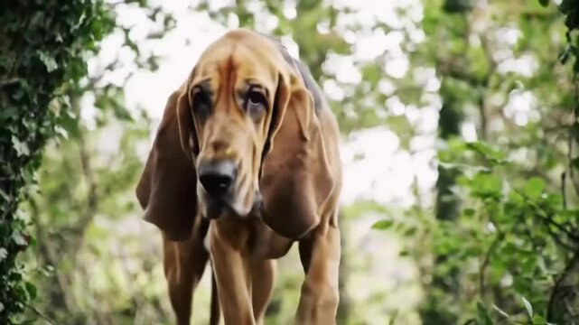 Dog walking through woods