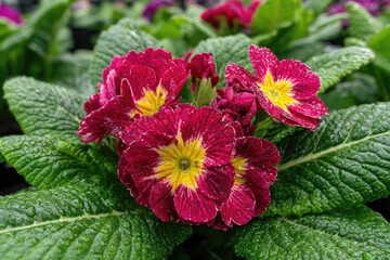 Close-up of vibrant red and yellow primrose blossoms with water droplets.