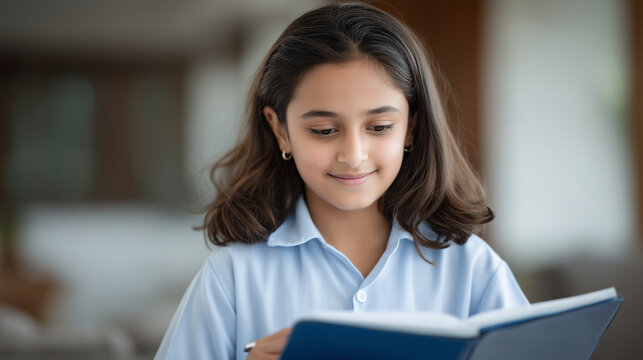 Smart Indian schoolgirl studying science on digital tablet, writing detailed notes in notebook, educational growth at home. ndian student science, online education, learning with t