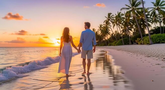 Couple walking on a tropical beach at sunset holding hands with palm trees in the background enjoying vacation