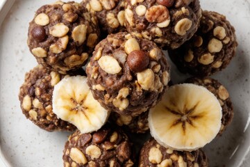 Obraz premium Healthy Organic Energy Granola Bites with Nuts, Cacao, Banana and Honey - Vegetarian Raw Snack or Meal