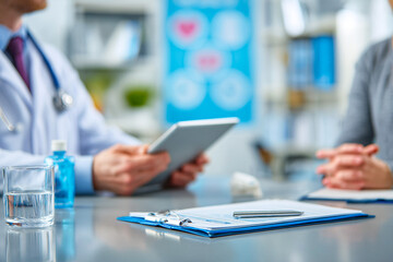 Clinic scene features doctor with tablet.  Focus on consultation, branding, health industry.