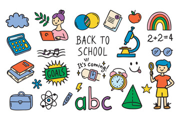 Back to School set, boy with magnifier, girl with laptop, ABC and exam, apple and microscope, rainbow and glasses, colorful hand drawn