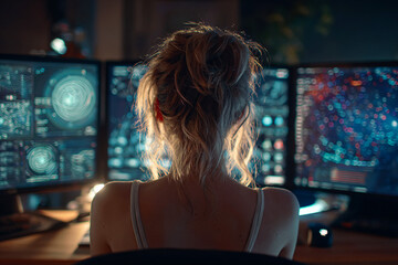Illuminated hair and shoulders frame three glowing blue monitors, ideal for tech, cyber security, or developer video backdrop.