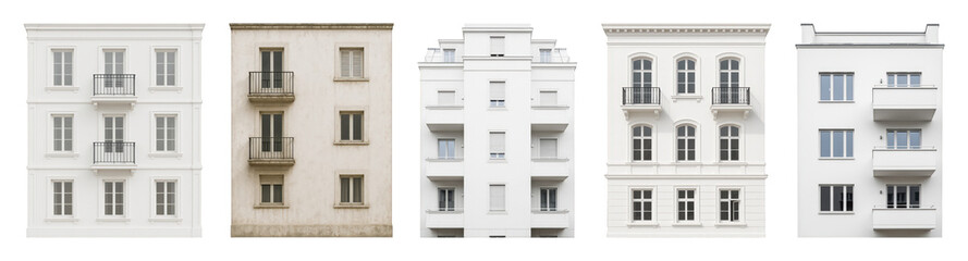 Obraz premium Residential building facades set including modern, classic, and aged styles isolated. Urban architecture collection.