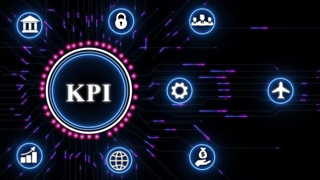 KPI key performance indicator increase optimization business and industrial process. connections in different places on the map. technology background with Cyberspace binary matrix letter bits.