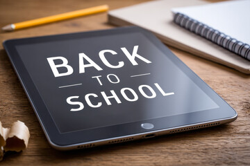 Digital tablet displaying back to school message with pencil and notebook on wooden desk symbolizing modern education and study preparation