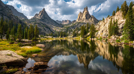 Serene mountain lake surrounded by rocky peaks and lush pine trees under a partly cloudy sky