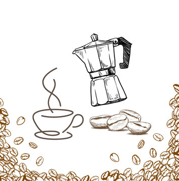 coffee pot, cup, and beans